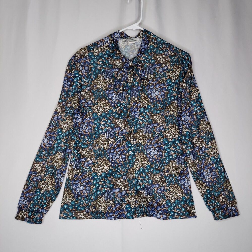 Lucky Winner Vtg Blouse Womens Medium‎ Ditsy Floral Bow Tie Neck Long Sleeve
